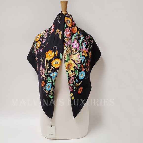 GUCCI SCARF SINE AMORE FLORAL BOUQUET FLORA BLACK SILK TWILL SQUARE 35" - Picture 4 of 12